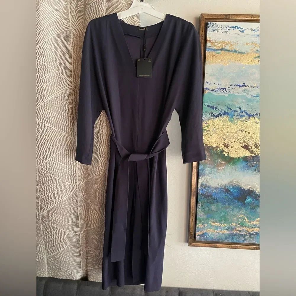 Massimo Dutti Dress Women Sz 4 Belted Navy Blue 3/4 Sleeve V Neck NWT
